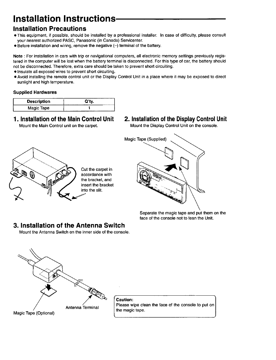 Installation precautions, Installation of the main control unit, Installation of the display control unit | Installation of the antenna switch, Caution, Installation instructions | Panasonic Universal FM Modulator Controller 800EUC User Manual | Page 2 / 8