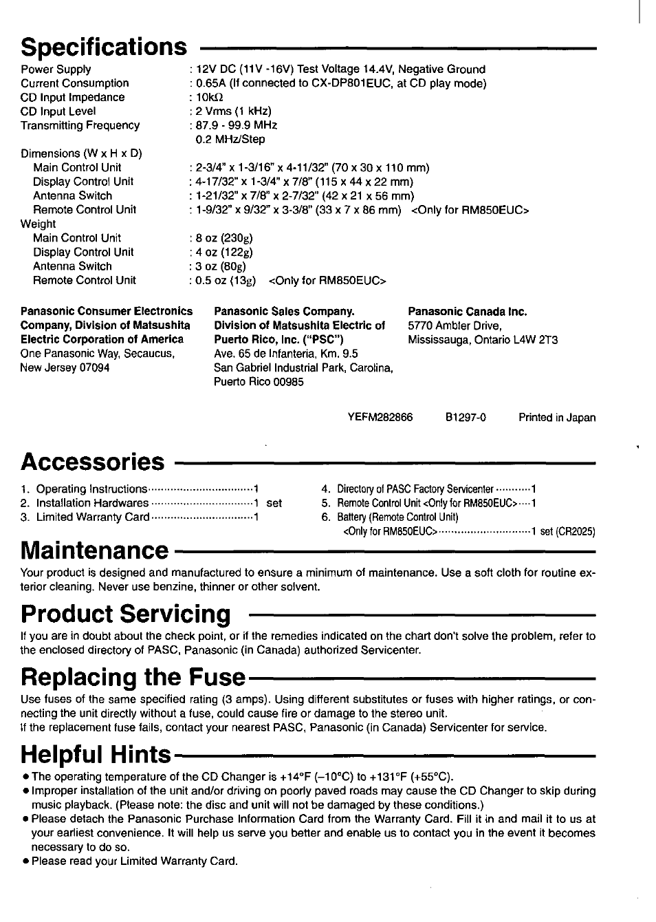 Specifications, Accessories, Maintenance | Product servicing, Replacing the fuse, Helpful hints | Panasonic Universal FM Modulator Controller 800EUC User Manual | Page 3 / 8