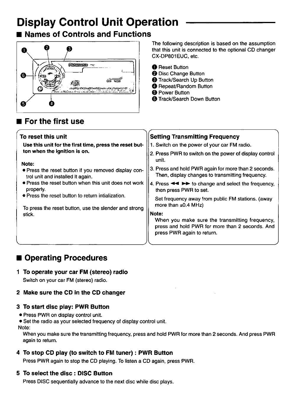 Names of controls and functions, Note, Operating procedures | Display control unit operation | Panasonic Universal FM Modulator Controller 800EUC User Manual | Page 5 / 8