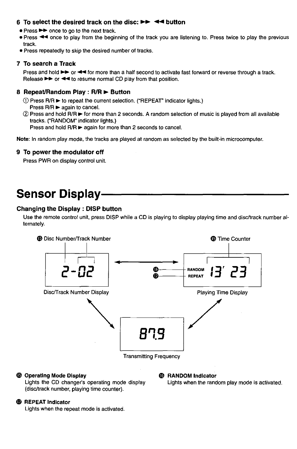 Operating mode display, Repeat indicator, Sensor display | Panasonic Universal FM Modulator Controller 800EUC User Manual | Page 6 / 8
