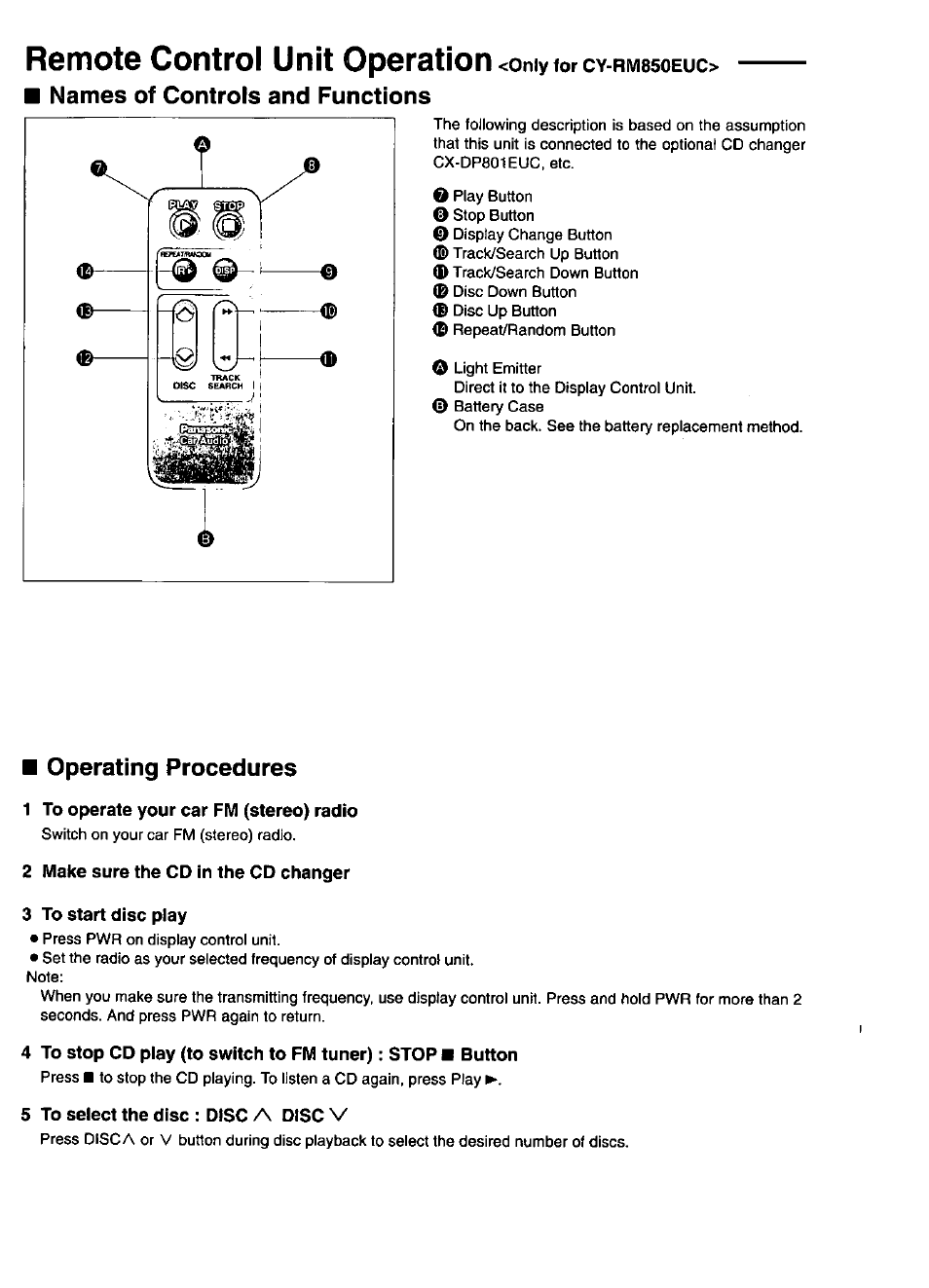 Names of controls and functions, Operating procedures, Remote control unit operation | Panasonic Universal FM Modulator Controller 800EUC User Manual | Page 7 / 8