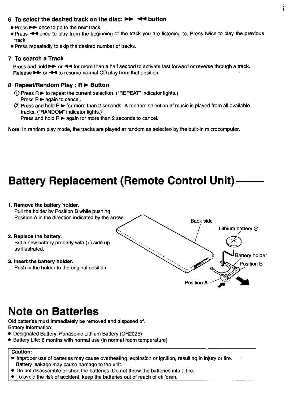 Remove the battery holder, Replace the battery, Insert the battery holder | Caution, Battery replacement (remote control unit) | Panasonic Universal FM Modulator Controller 800EUC User Manual | Page 8 / 8