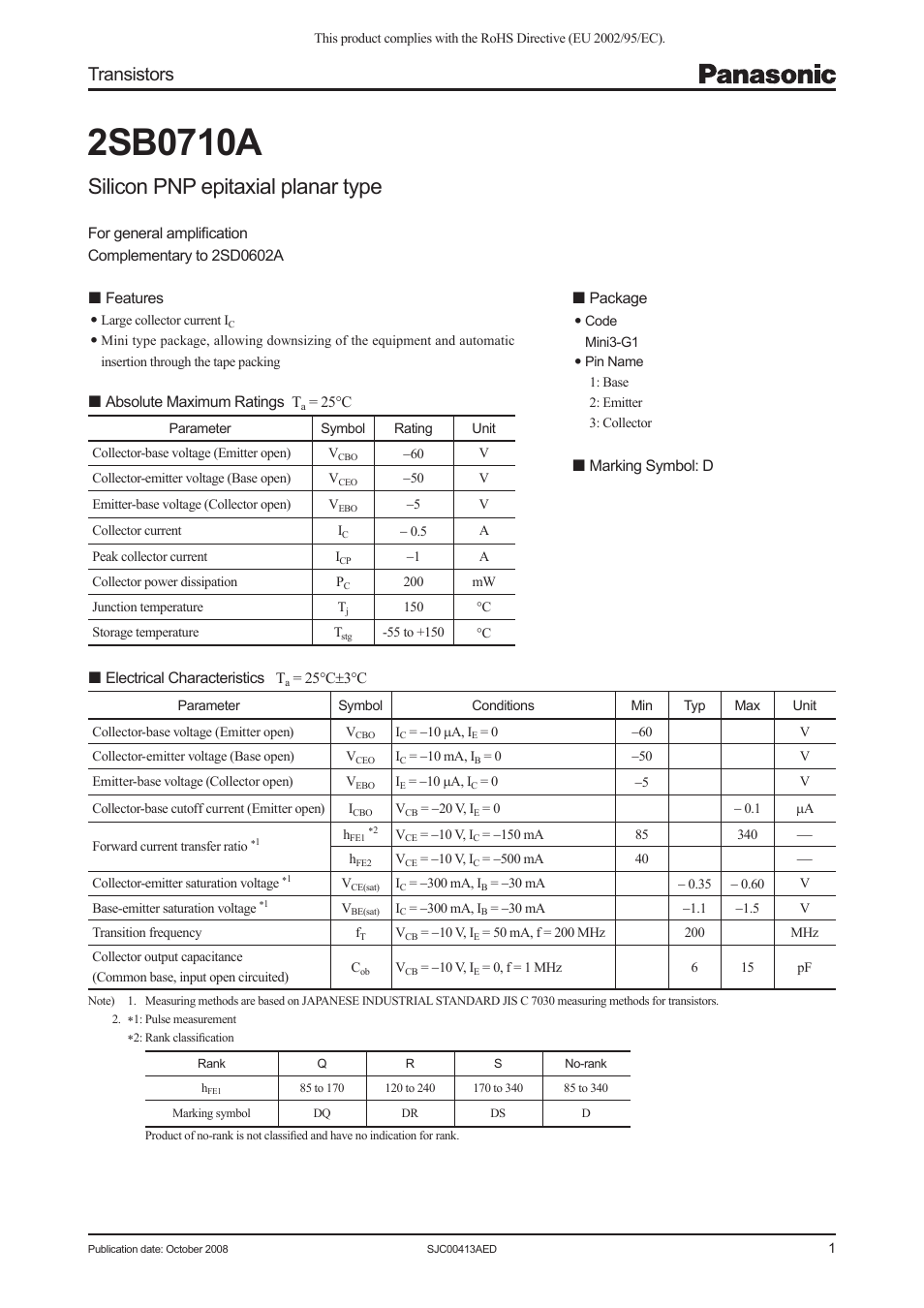 Panasonic 2SB0710A User Manual | 4 pages