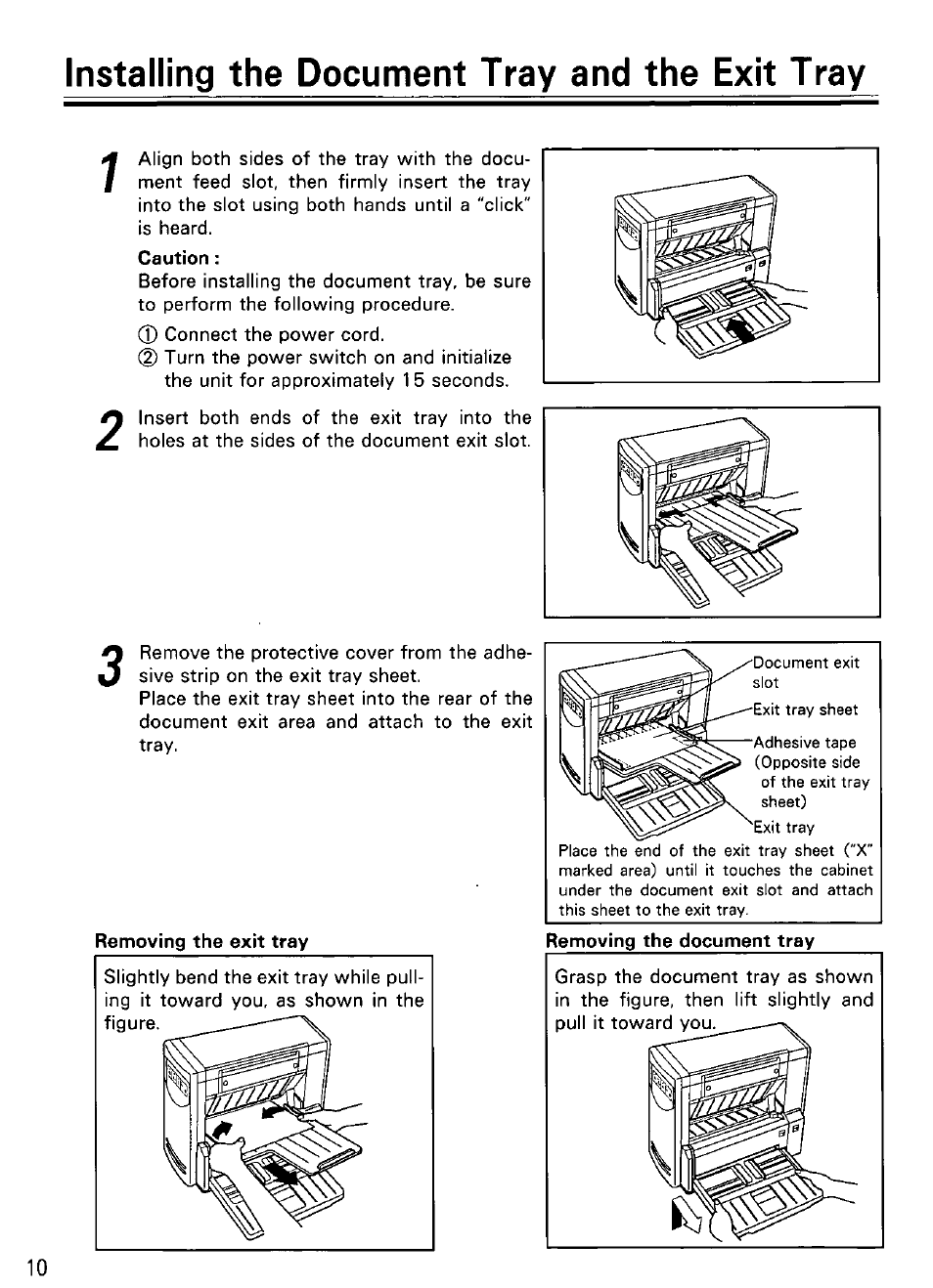 Installing the document tray and the exit tray, Installing the document tray and the exit tray 1 | Panasonic KV-SV50 User Manual | Page 10 / 20