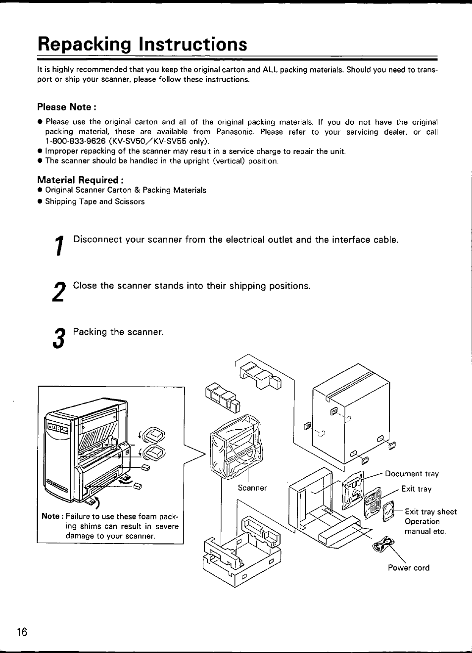 Repacking instructions, Please note, Material required | Packing the scanner | Panasonic KV-SV50 User Manual | Page 16 / 20
