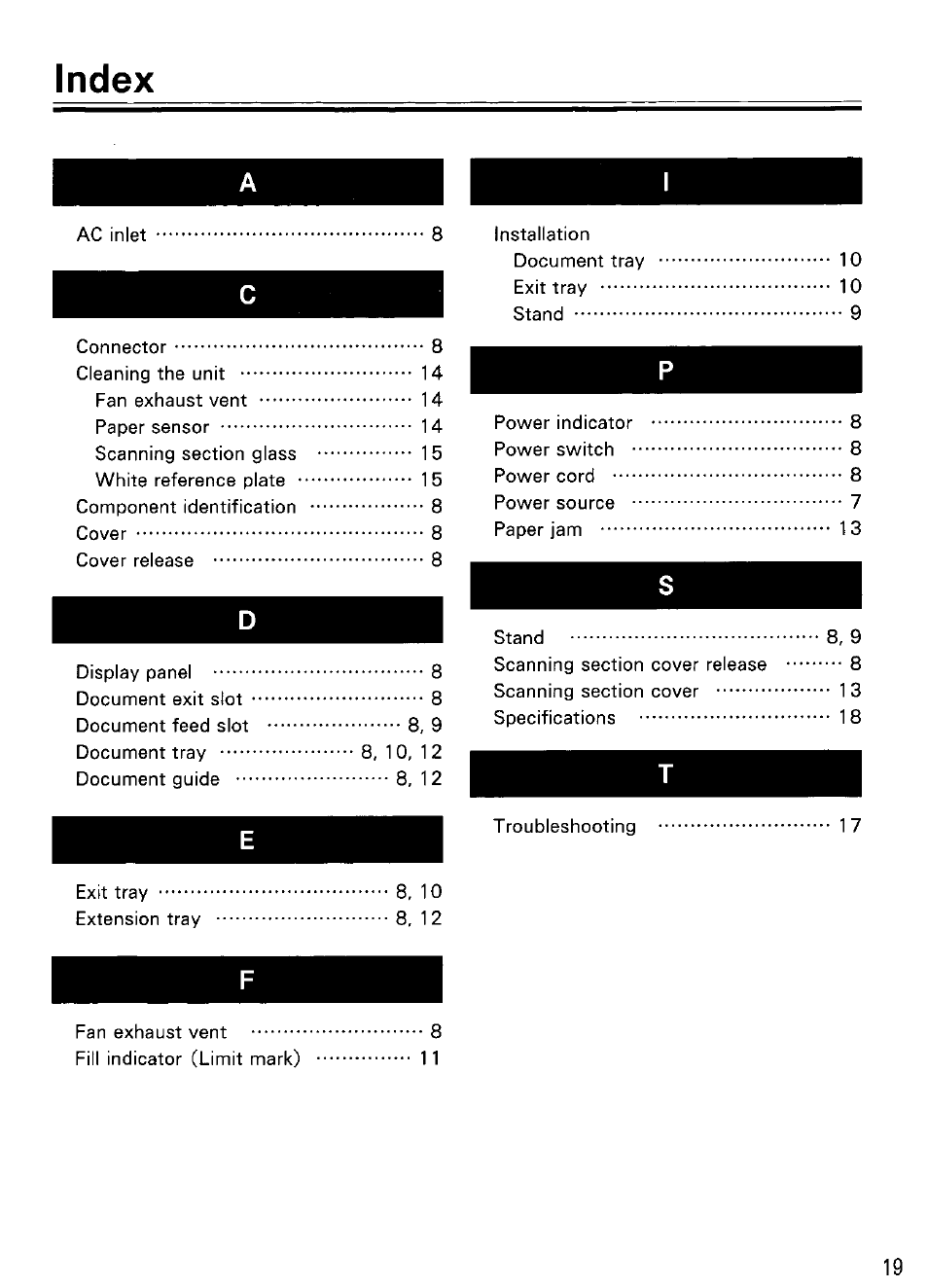 Index | Panasonic KV-SV50 User Manual | Page 19 / 20