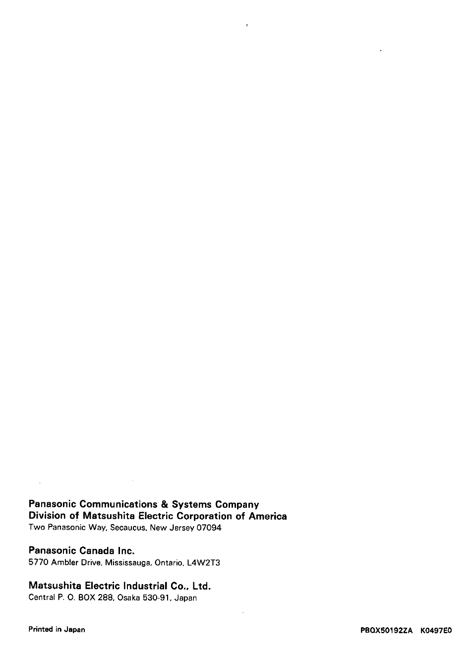 Panasonic canada inc, Matsushita electric industrial co., ltd | Panasonic KV-SV50 User Manual | Page 20 / 20