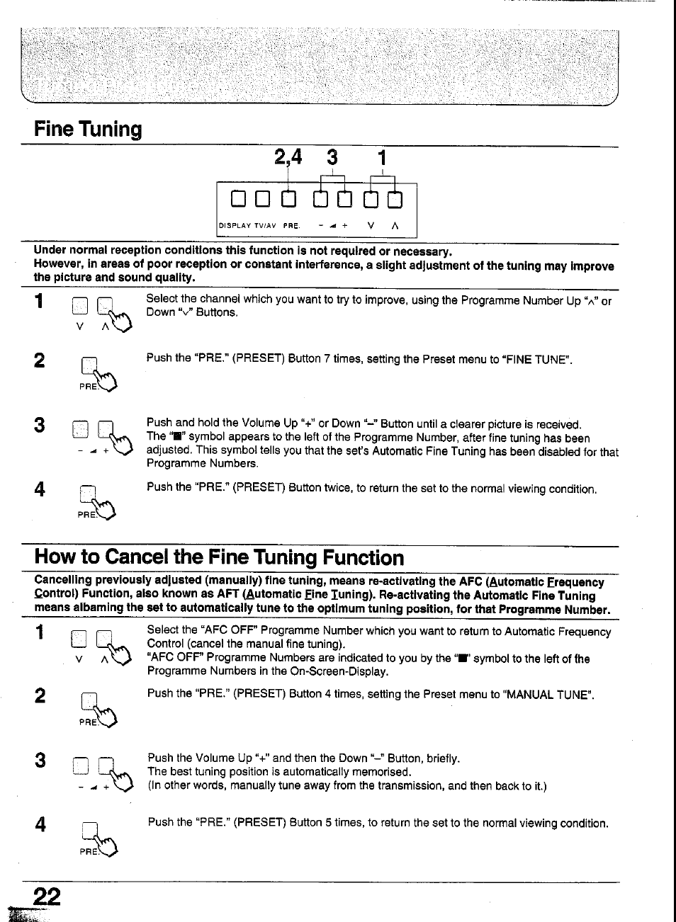 Fine tuning, How to cancel the fine tuning function, Fine timing how to cancel the fine tuning function | Fine tuning 2,4 3 | Panasonic TC-29GA30R User Manual | Page 22 / 44