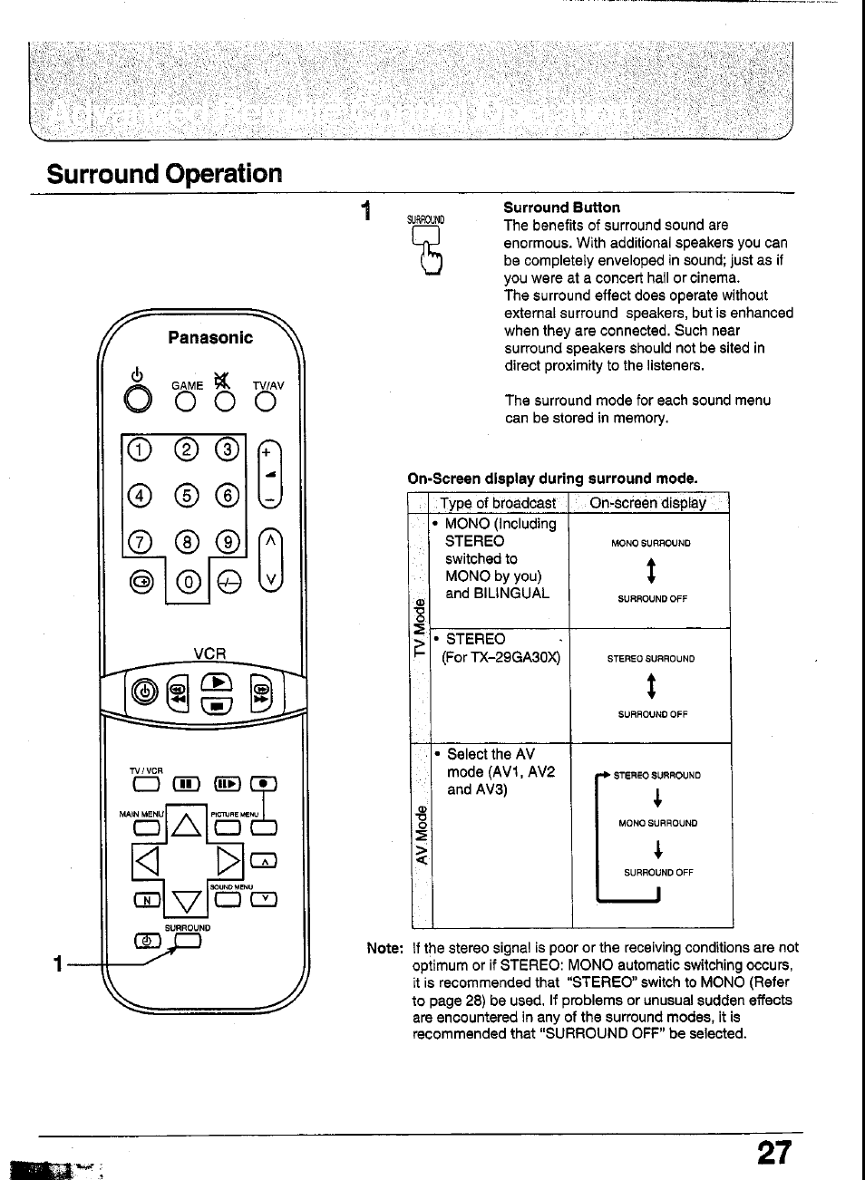 Surround operation | Panasonic TC-29GA30R User Manual | Page 27 / 44
