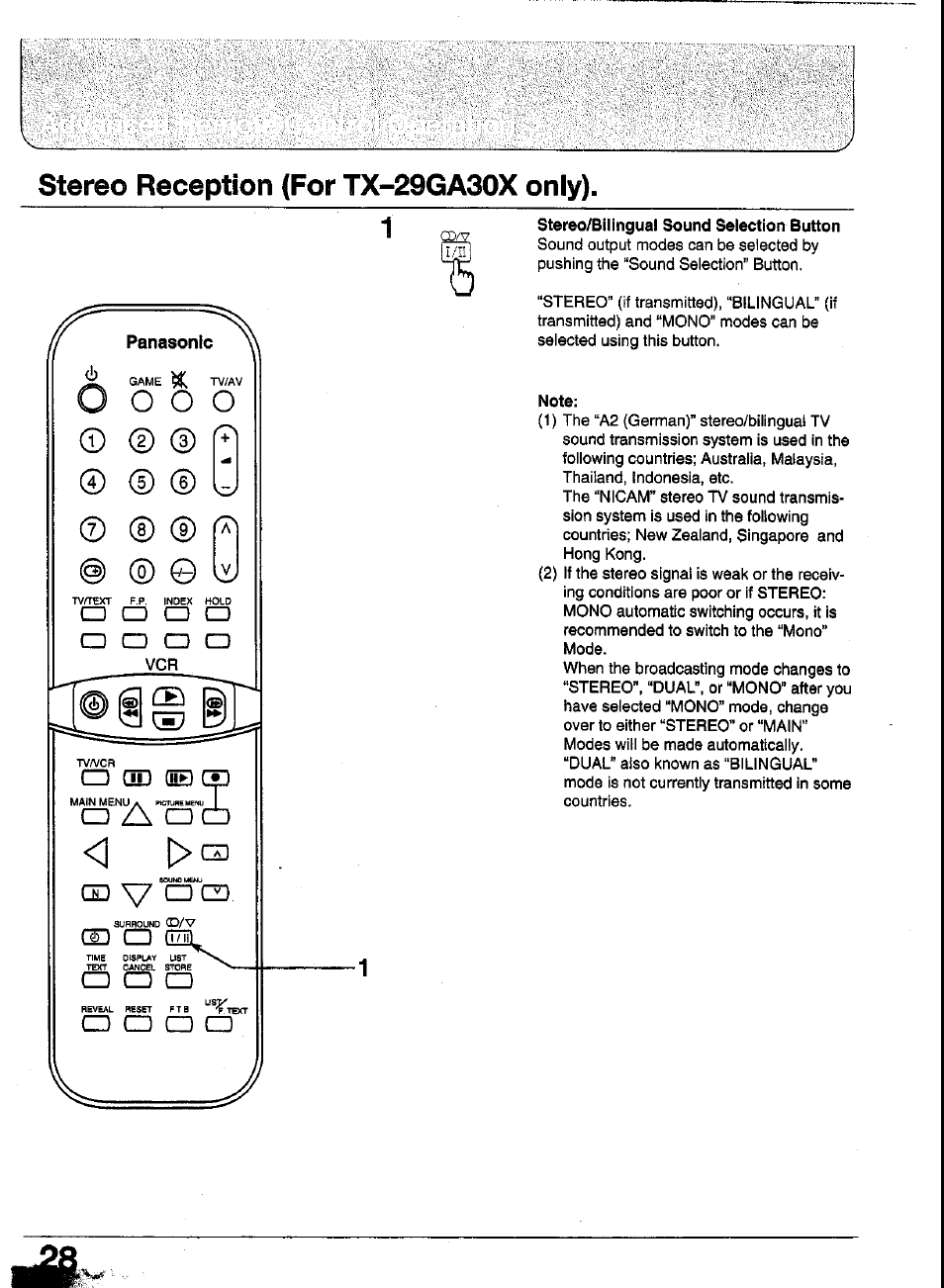 Stereo reception (for tx-29ga30x only), Stereo reception (for tx-29ga30x) | Panasonic TC-29GA30R User Manual | Page 28 / 44