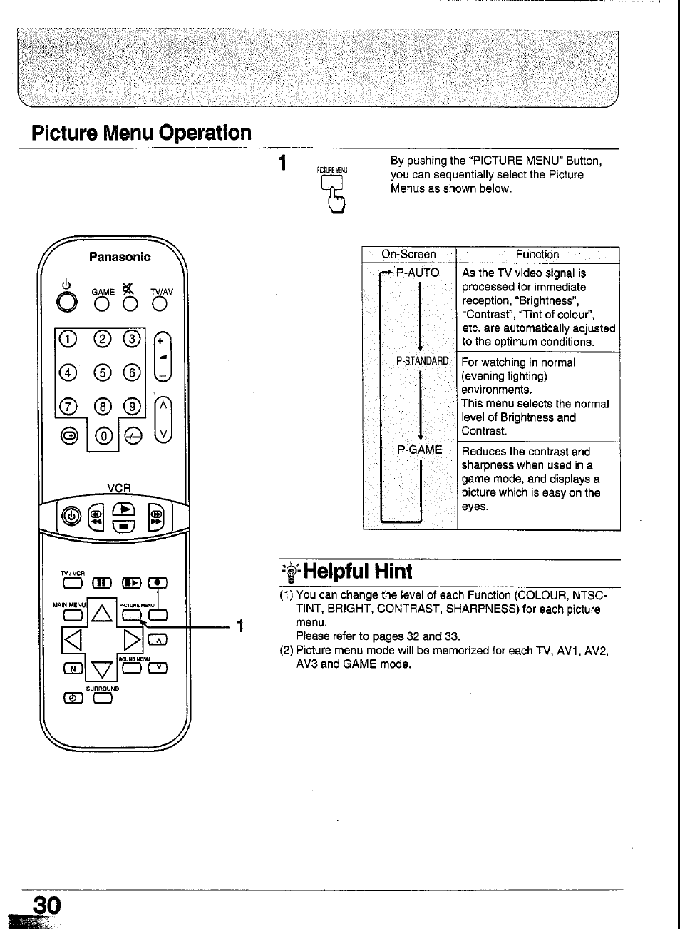 Helpful hint, Iibiìsfesliiscssìisv, Picture menu operation | Panasonic TC-29GA30R User Manual | Page 30 / 44