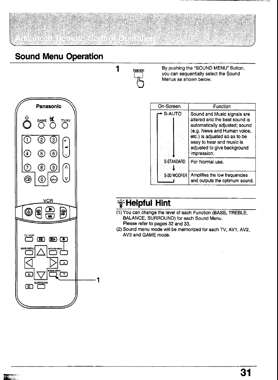 Helpful hint, Sound menu operation | Panasonic TC-29GA30R User Manual | Page 31 / 44