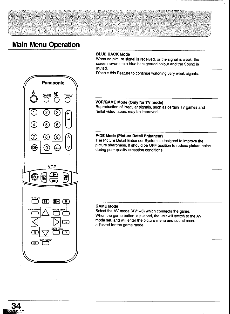 Main menu operation, Sound menu operation | Panasonic TC-29GA30R User Manual | Page 34 / 44