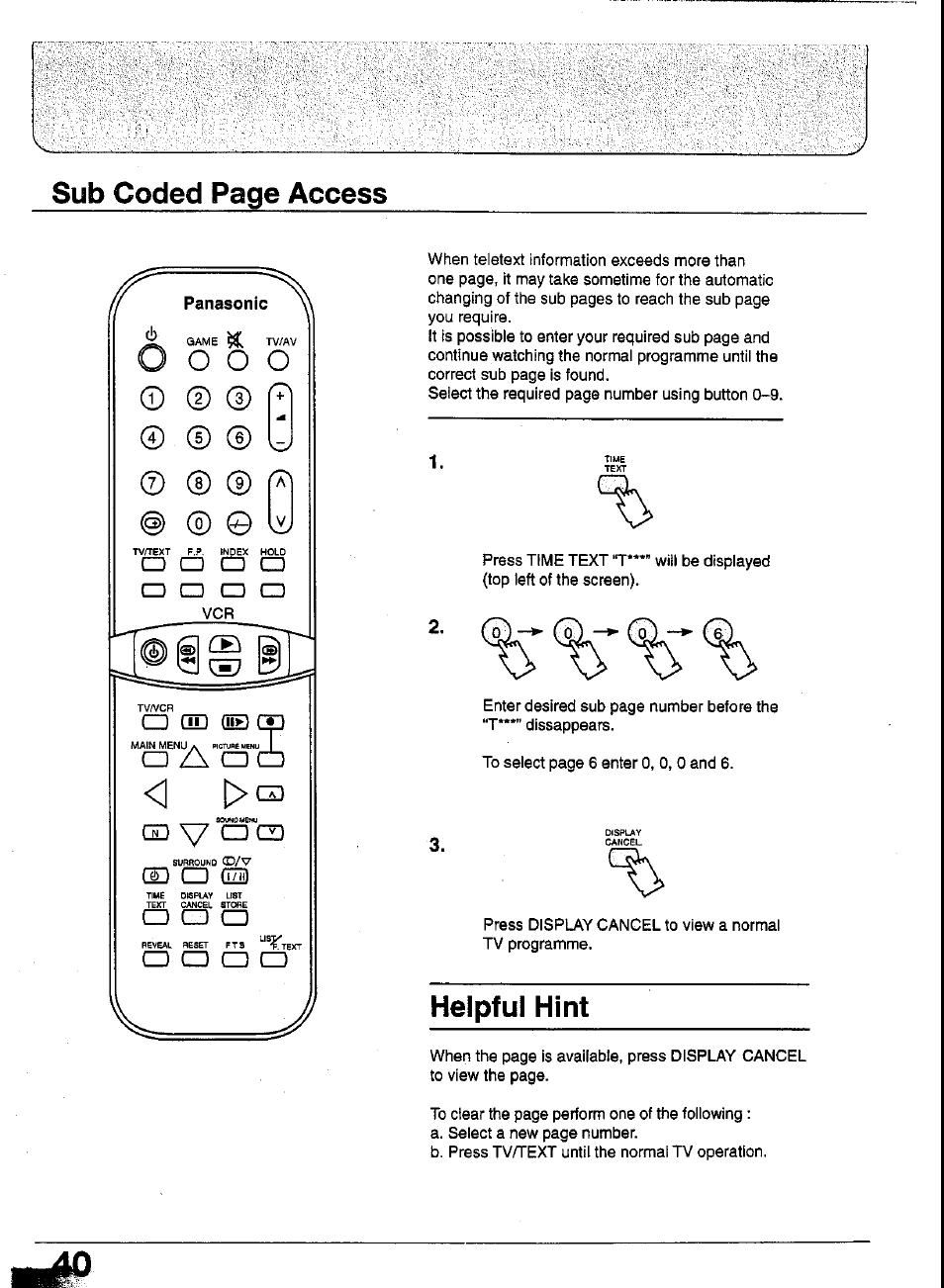 Helpful hint, O o o o, Cd v | Cd ¿\ cd cd, Sub coded page access, O cid qe), Dd cd gsd, Cd q | Panasonic TC-29GA30R User Manual | Page 40 / 44