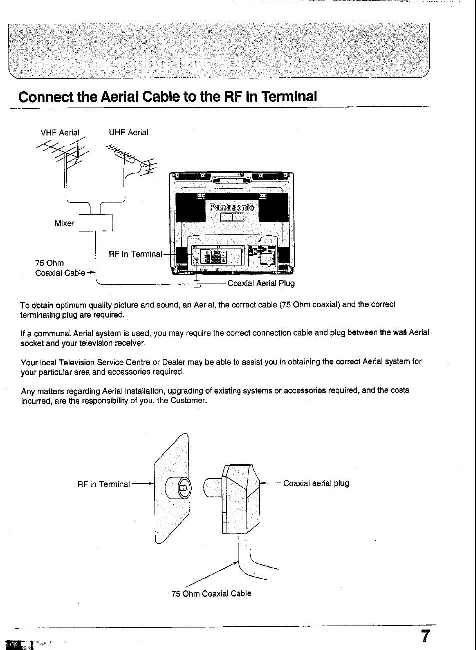 Connect the aerial cable to the rf in terminal | Panasonic TC-29GA30R User Manual | Page 7 / 44