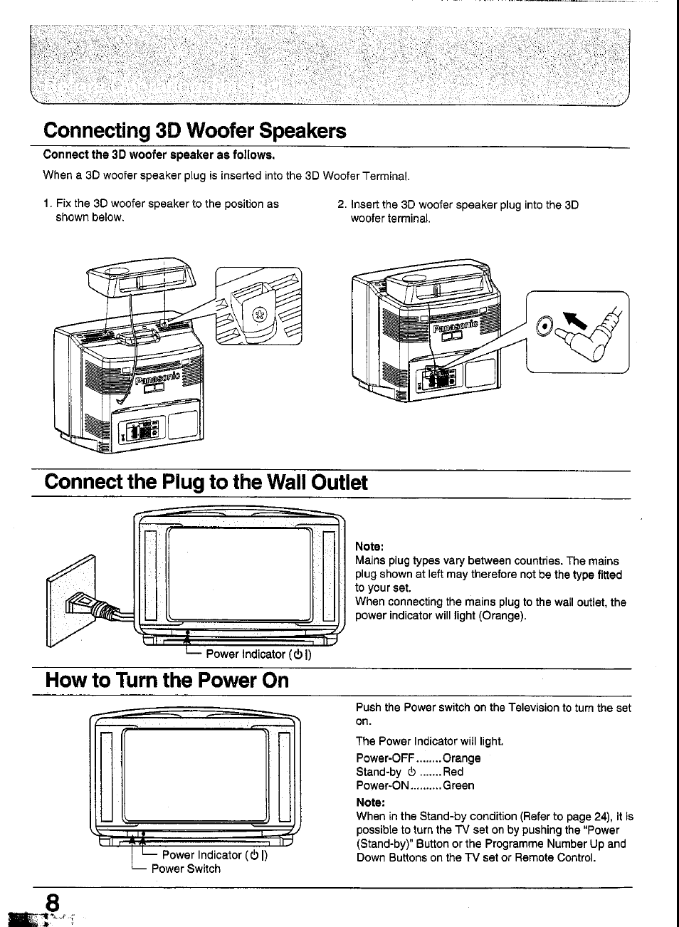 Connecting 3d woofer speakers, Connect the plug to the wall outlet, How to turn the power on | Panasonic TC-29GA30R User Manual | Page 8 / 44