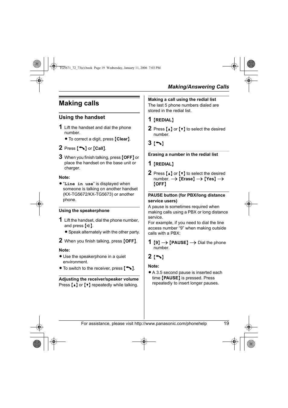 Making/answering calls, Making calls | Panasonic KX-TG5671 User Manual | Page 19 / 64