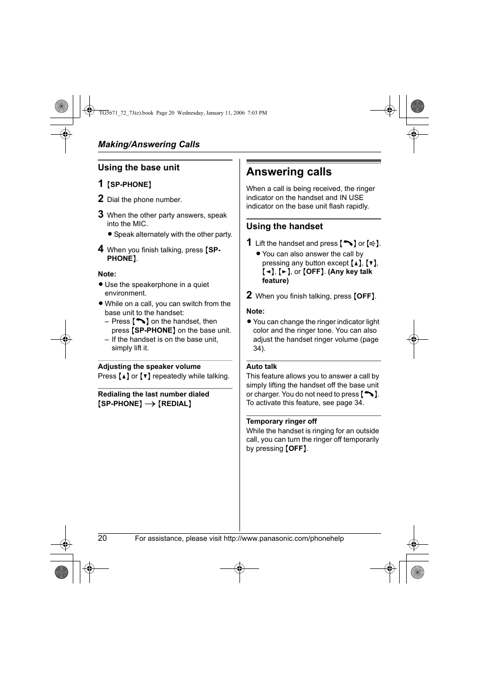 Answering calls | Panasonic KX-TG5671 User Manual | Page 20 / 64