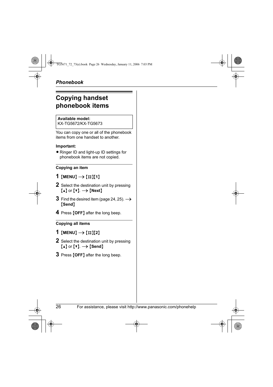 Copying handset phonebook items | Panasonic KX-TG5671 User Manual | Page 26 / 64