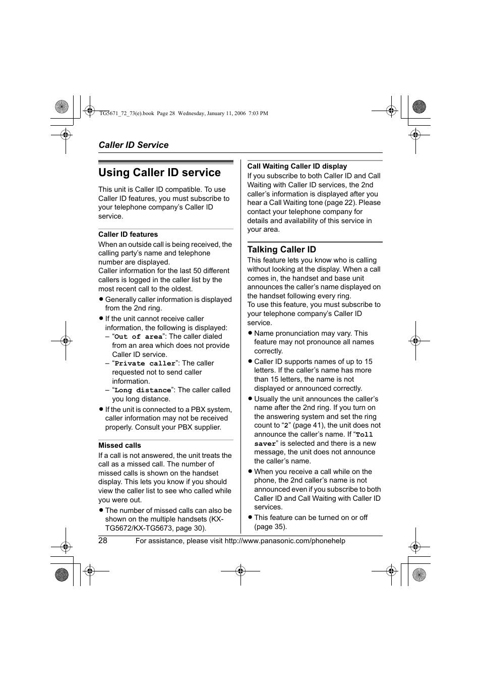 Caller id service, Using caller id service | Panasonic KX-TG5671 User Manual | Page 28 / 64