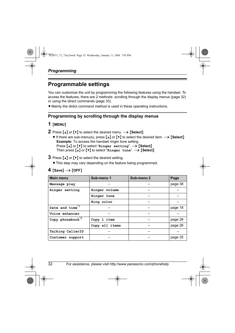 Programming, Programmable settings | Panasonic KX-TG5671 User Manual | Page 32 / 64