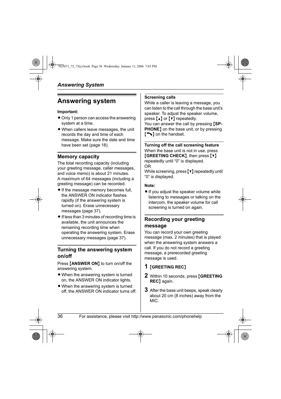 Answering system | Panasonic KX-TG5671 User Manual | Page 36 / 64