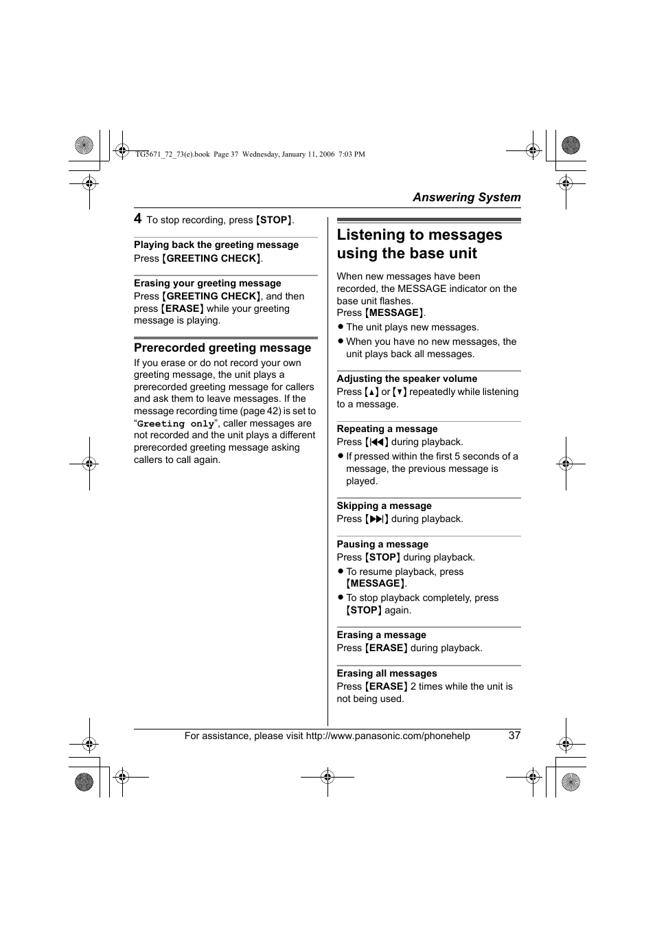 Listening to messages using the base unit | Panasonic KX-TG5671 User Manual | Page 37 / 64
