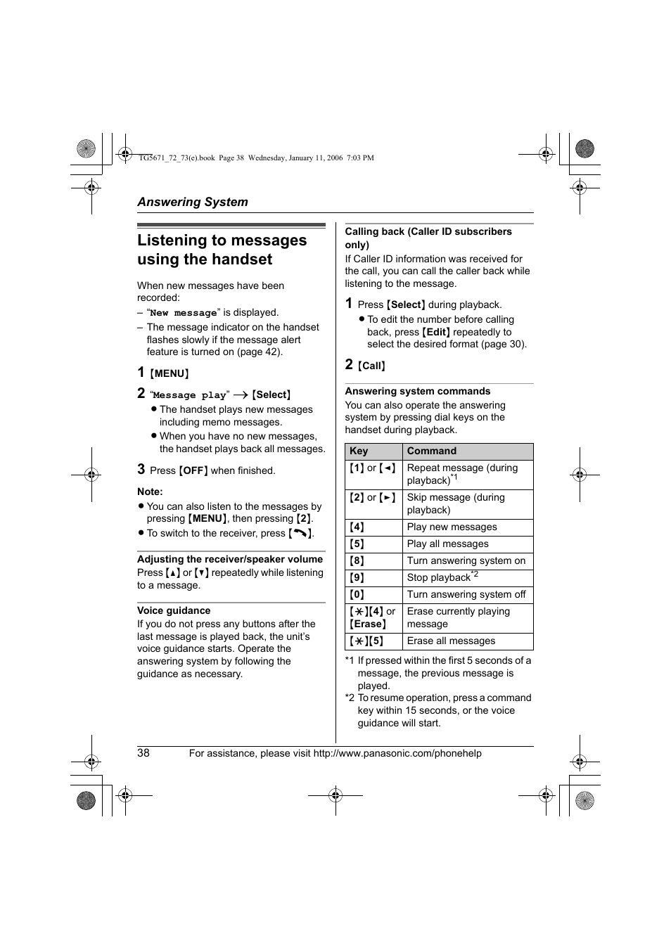 Listening to messages using the handset | Panasonic KX-TG5671 User Manual | Page 38 / 64