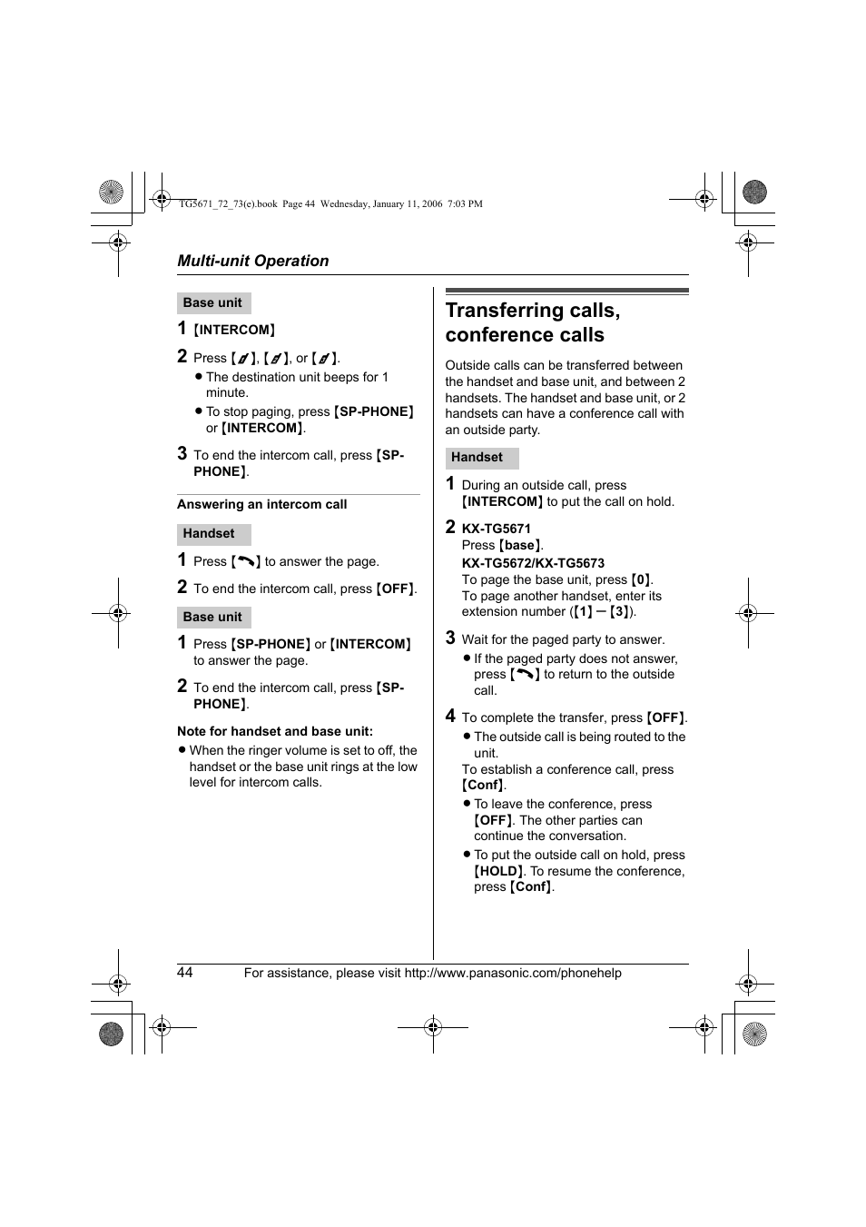 Transferring calls, conference calls | Panasonic KX-TG5671 User Manual | Page 44 / 64