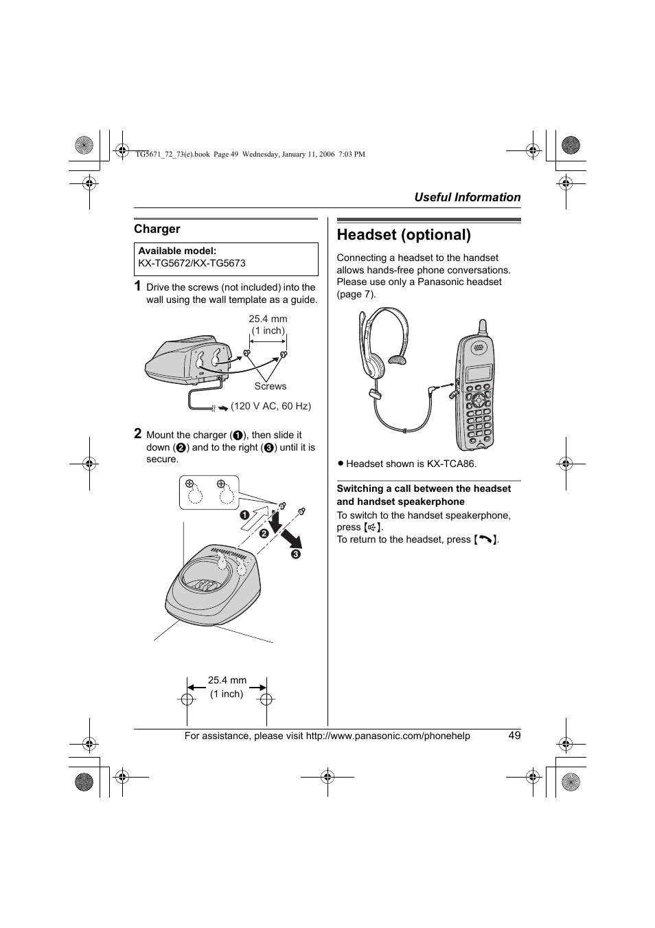 Headset (optional) | Panasonic KX-TG5671 User Manual | Page 49 / 64