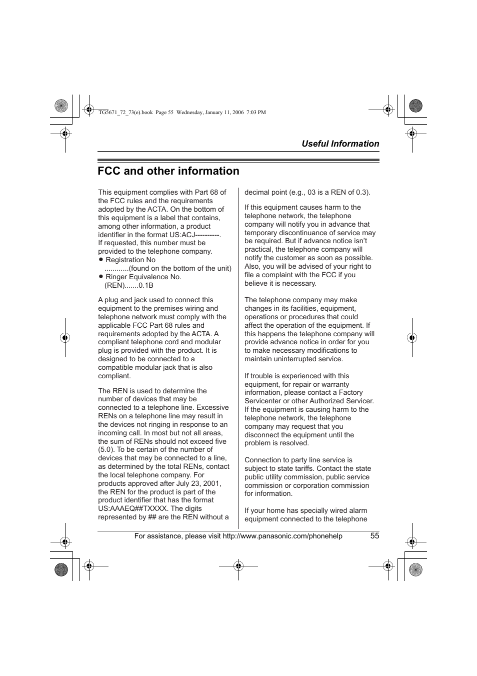 Fcc and other information | Panasonic KX-TG5671 User Manual | Page 55 / 64