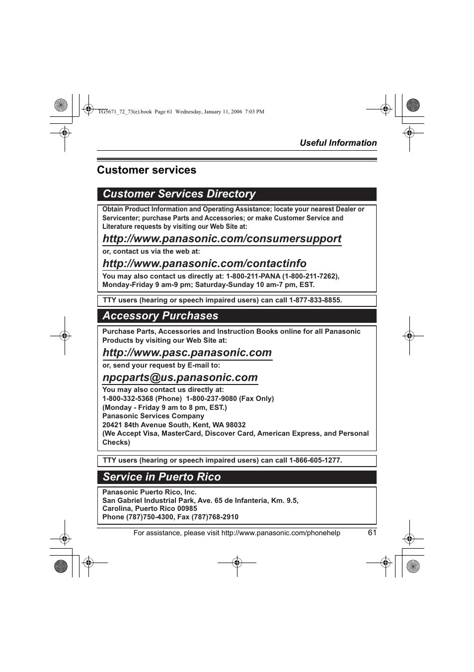 Customer services, Customer services customer services directory, Accessory purchases service in puerto rico | Panasonic KX-TG5671 User Manual | Page 61 / 64