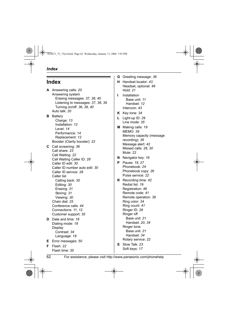 Index | Panasonic KX-TG5671 User Manual | Page 62 / 64