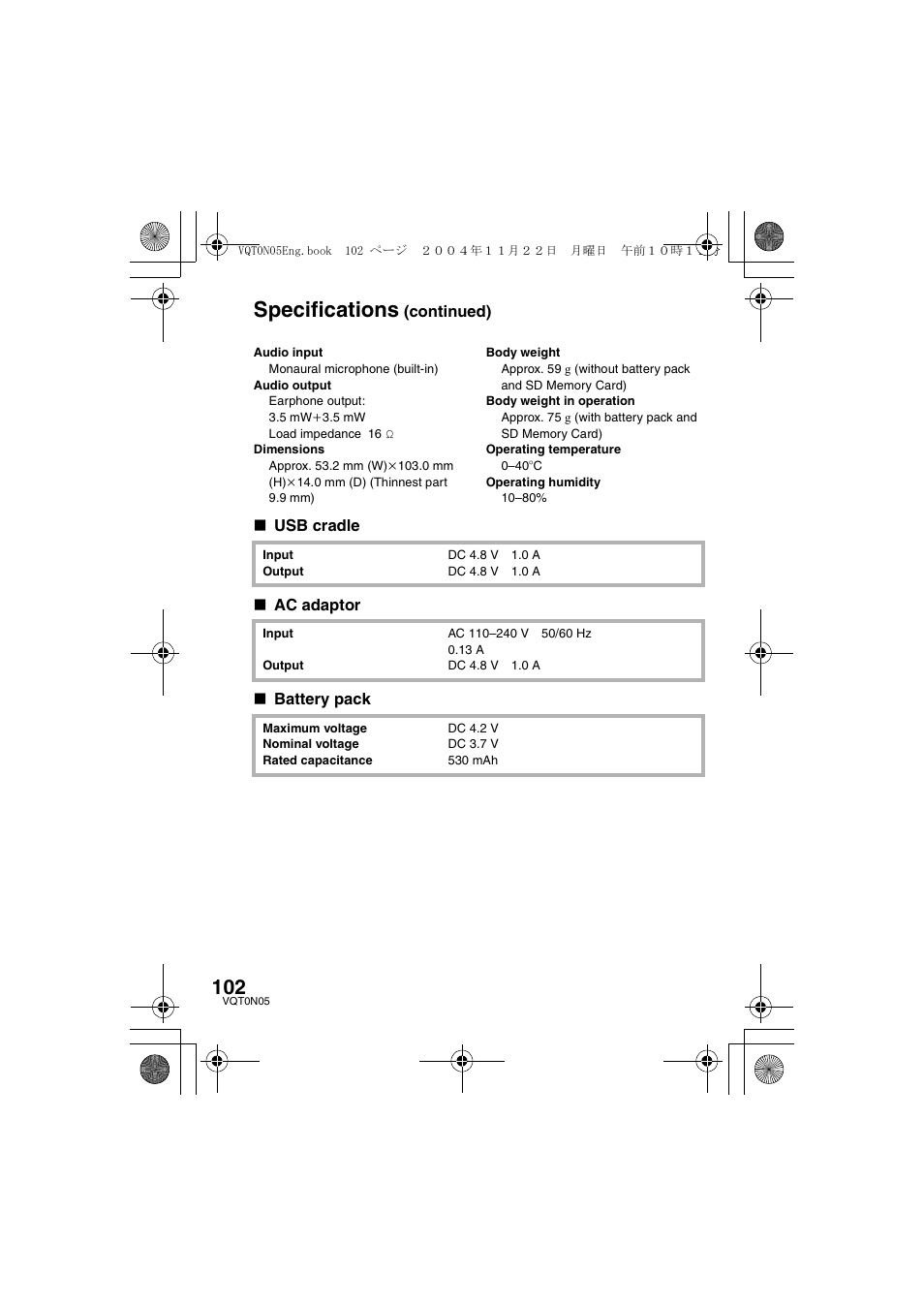 Specifications | Panasonic D-SNAP SV-AS30 User Manual | Page 102 / 104