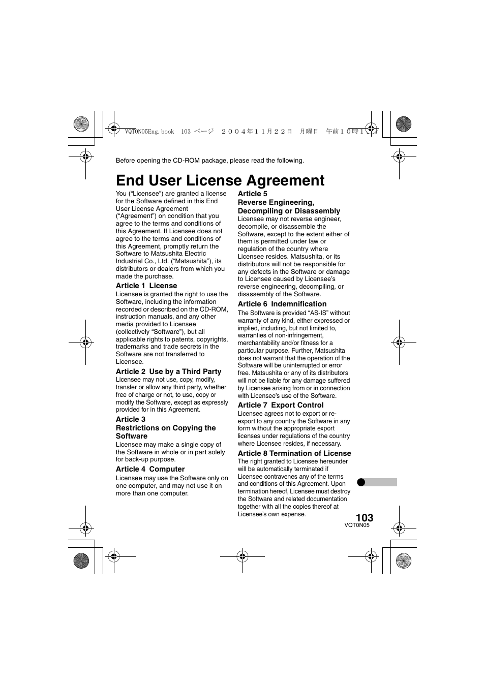 End user license agreement | Panasonic D-SNAP SV-AS30 User Manual | Page 103 / 104