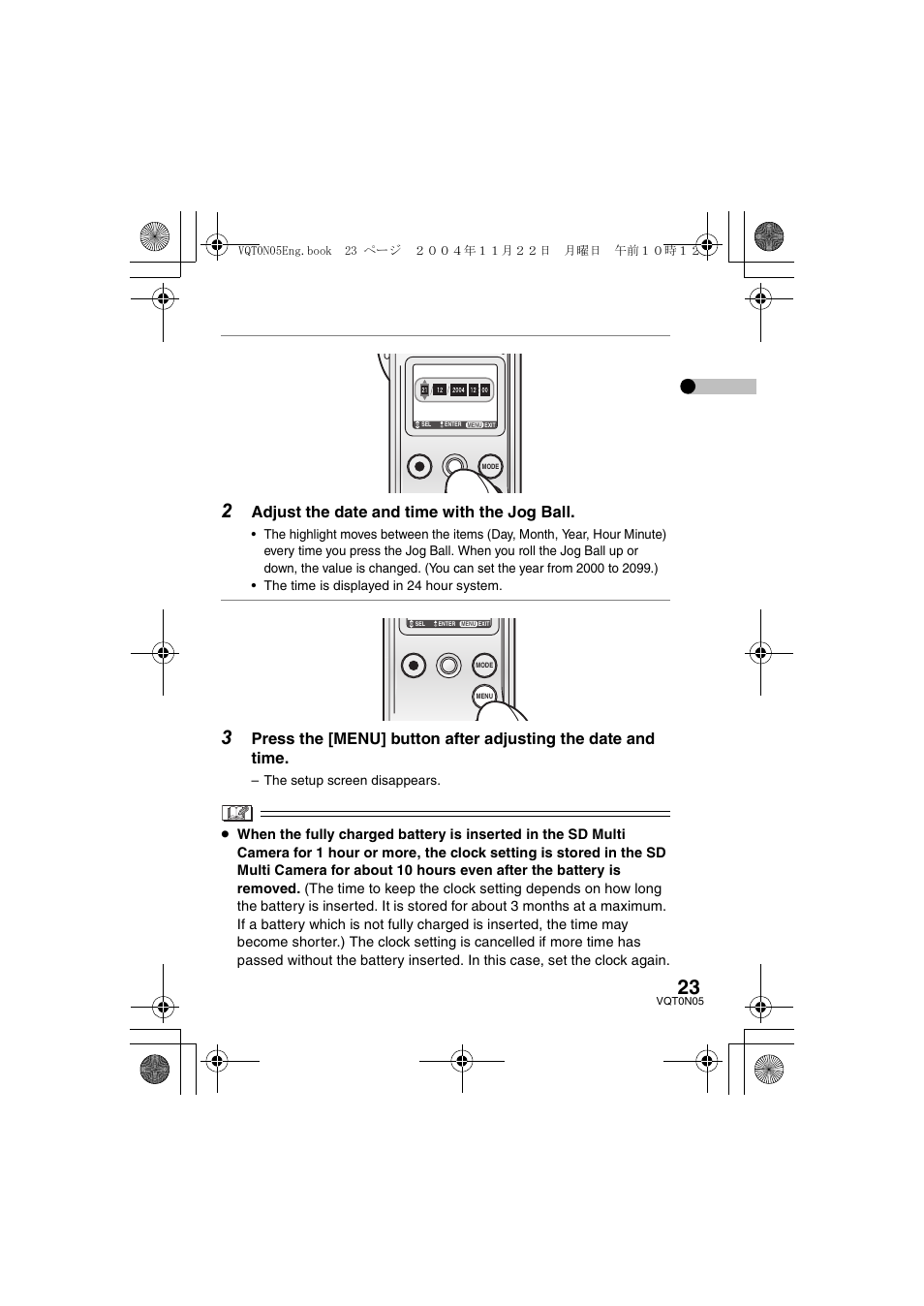 Adjust the date and time with the jog ball | Panasonic D-SNAP SV-AS30 User Manual | Page 23 / 104