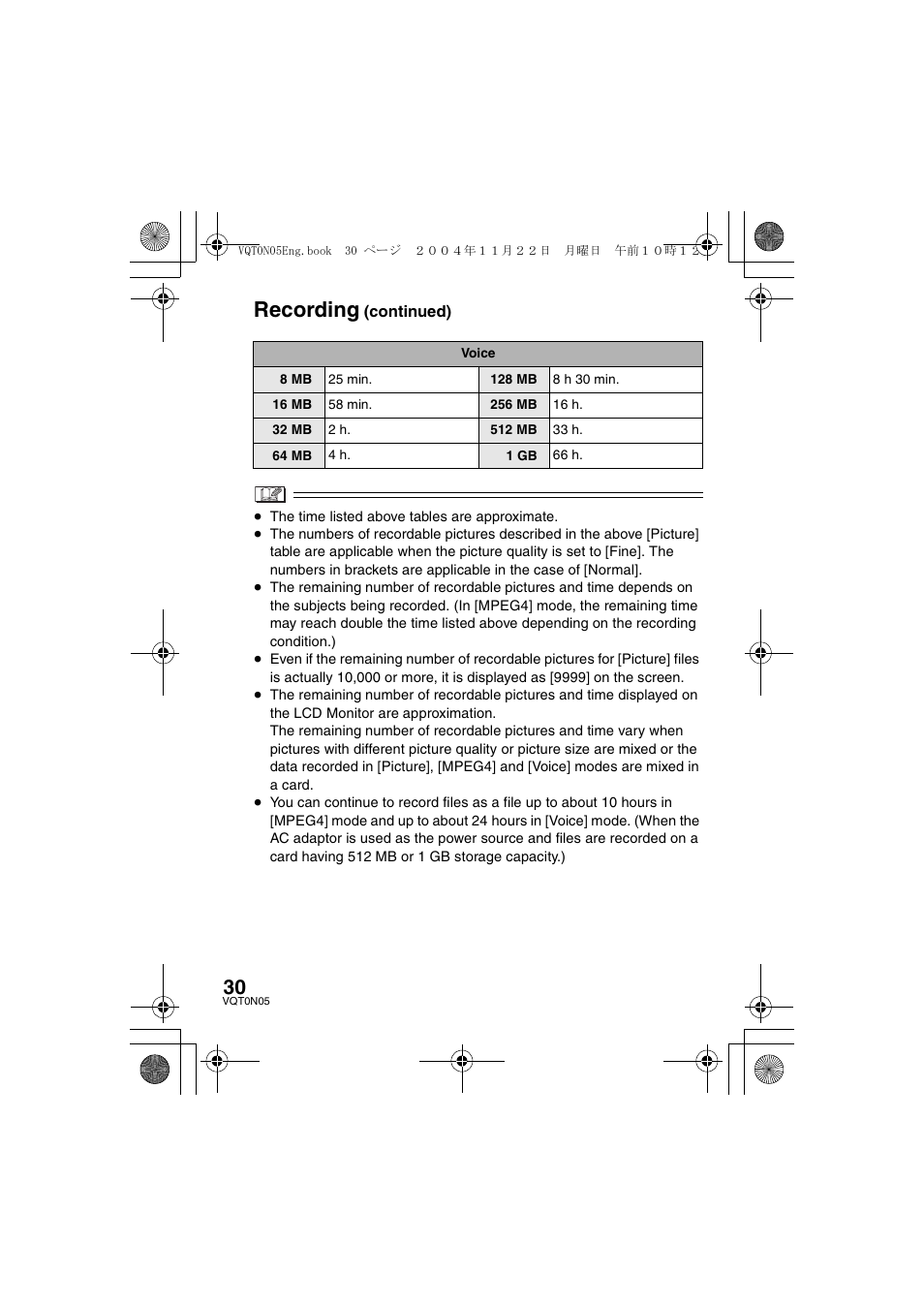 Recording | Panasonic D-SNAP SV-AS30 User Manual | Page 30 / 104