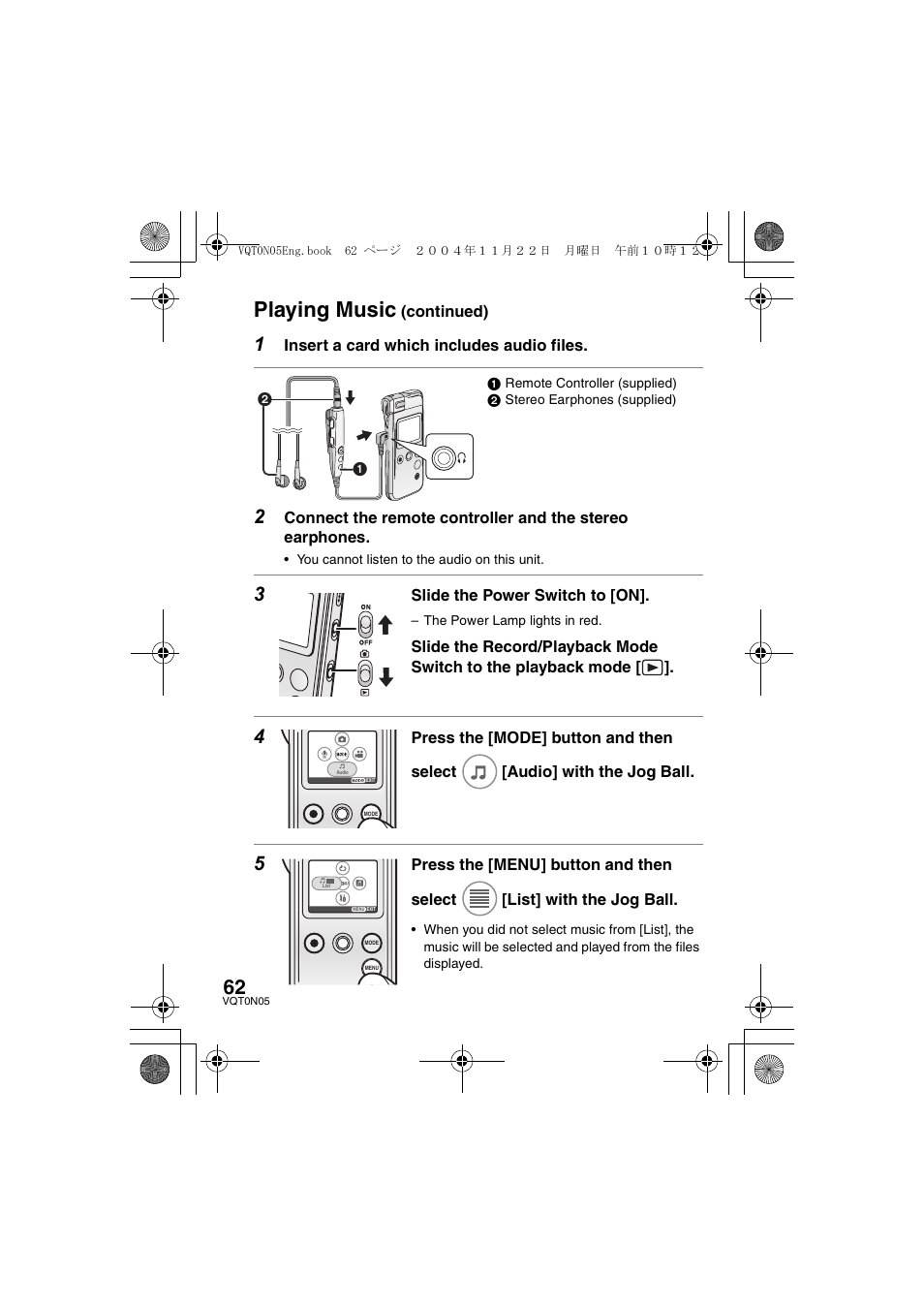 Playing music | Panasonic D-SNAP SV-AS30 User Manual | Page 62 / 104