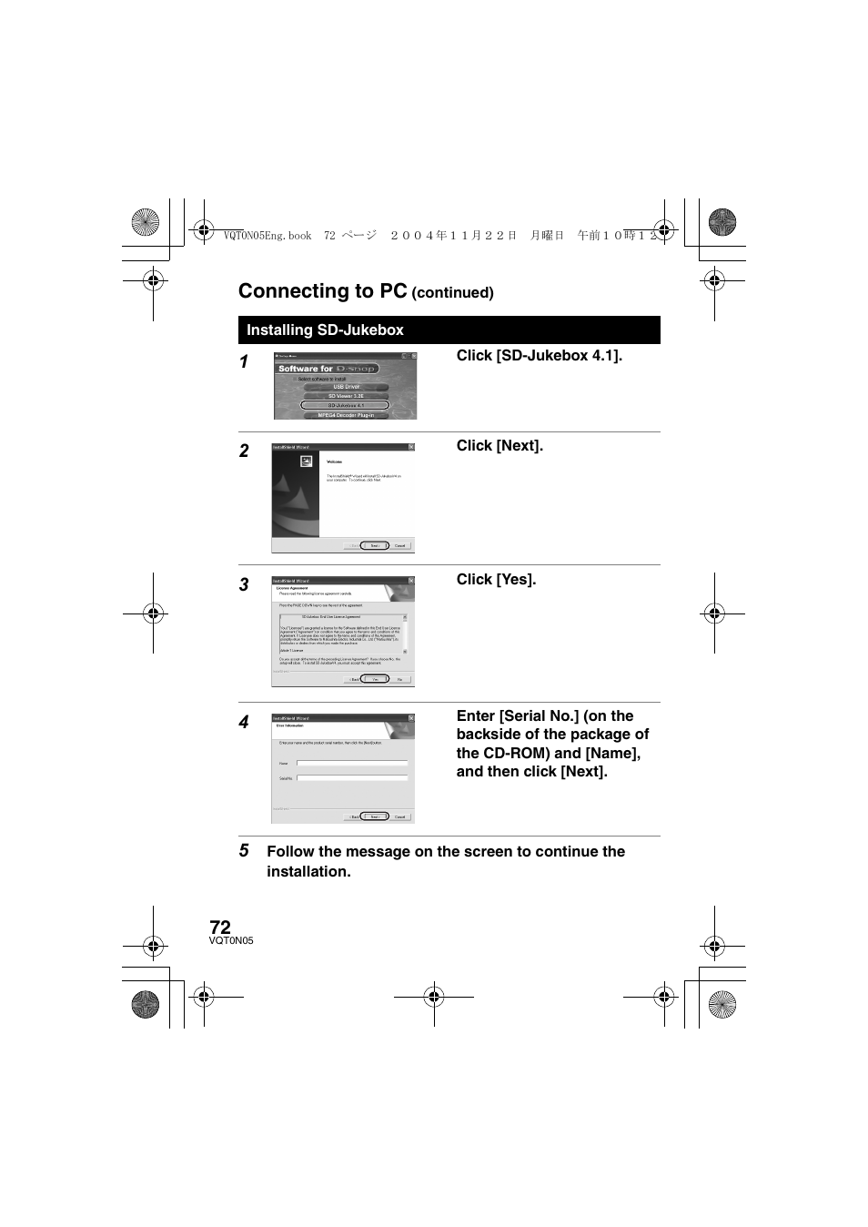 Connecting to pc | Panasonic D-SNAP SV-AS30 User Manual | Page 72 / 104