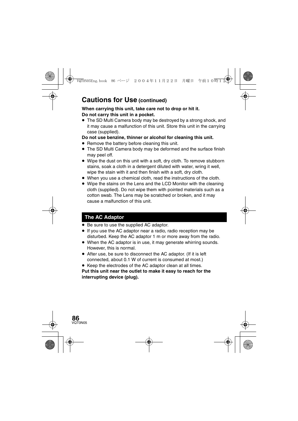 Cautions for use | Panasonic D-SNAP SV-AS30 User Manual | Page 86 / 104