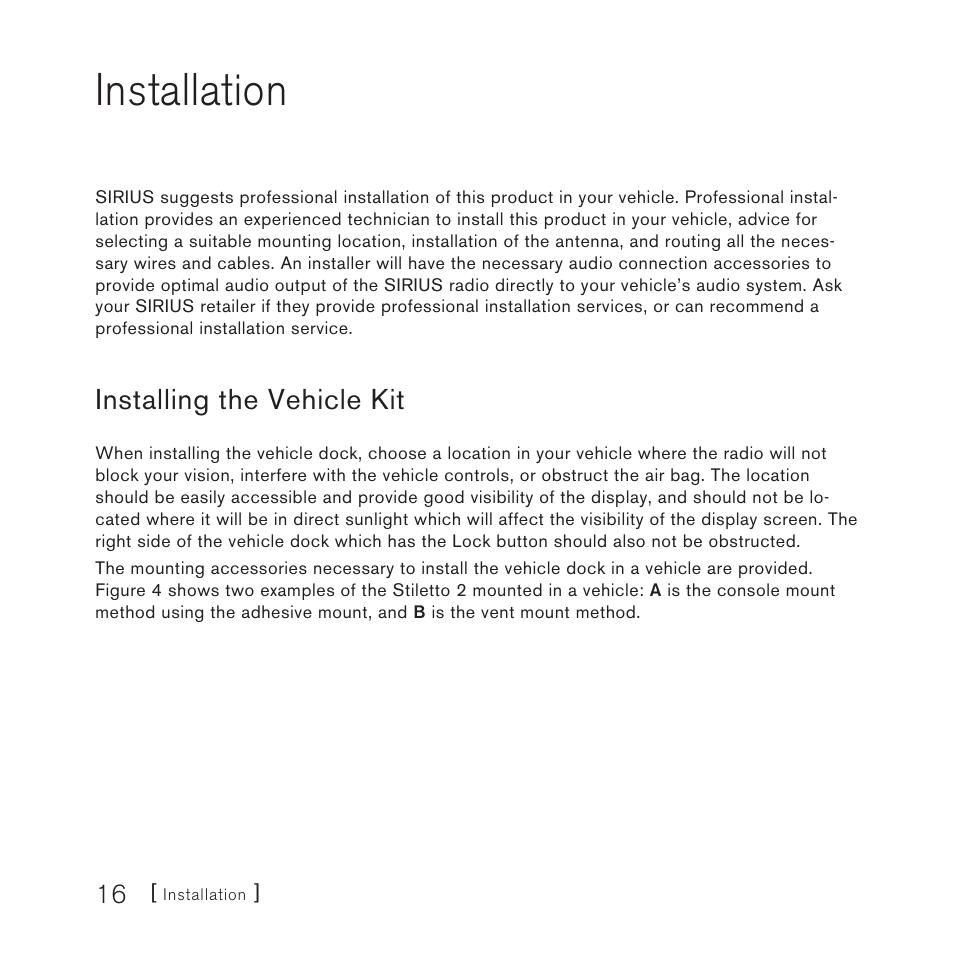 Installation, Installing the vehicle kit | Panasonic SIRIUS STILETTO 2 User Manual | Page 15 / 63