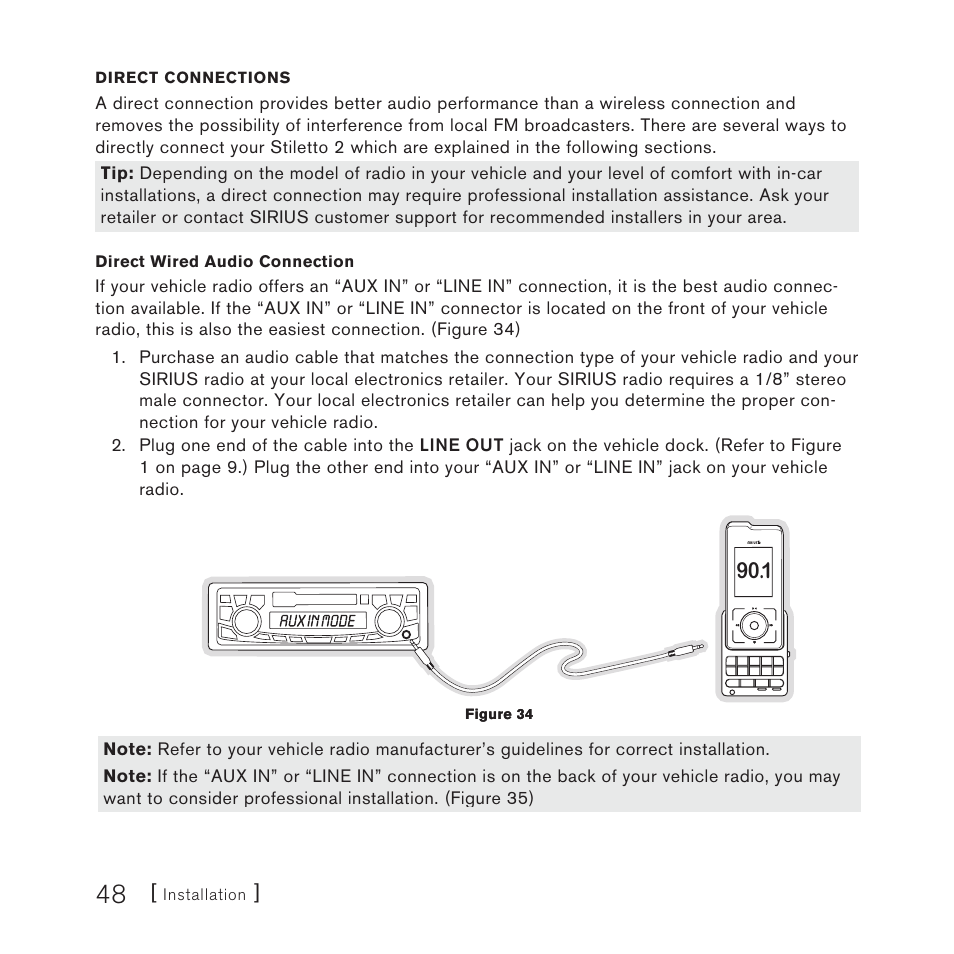 Installation, Direct wired audio connection | Panasonic SIRIUS STILETTO 2 User Manual | Page 47 / 63