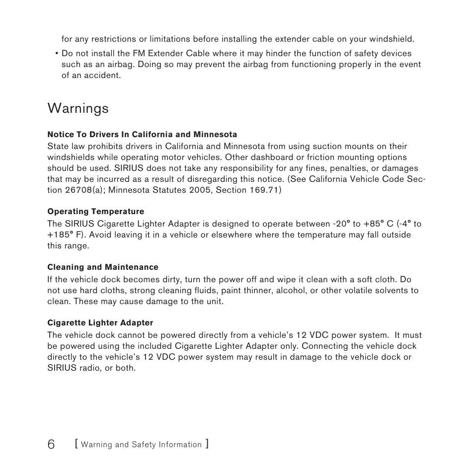 Warnings | Panasonic SIRIUS STILETTO 2 User Manual | Page 5 / 63