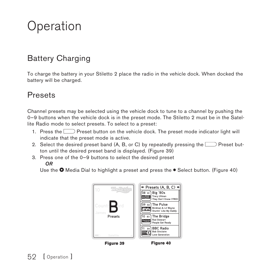 Operation, Battery charging, Presets | Panasonic SIRIUS STILETTO 2 User Manual | Page 51 / 63