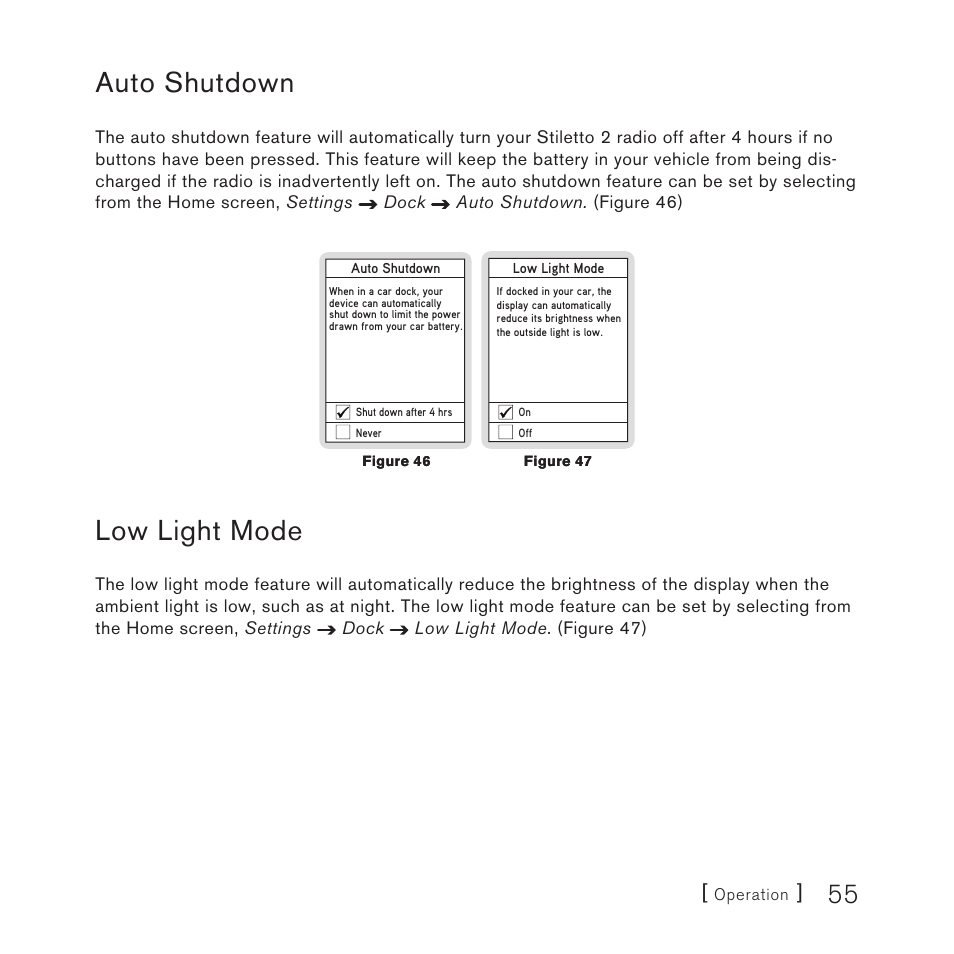 Auto shutdown, Low light mode | Panasonic SIRIUS STILETTO 2 User Manual | Page 54 / 63