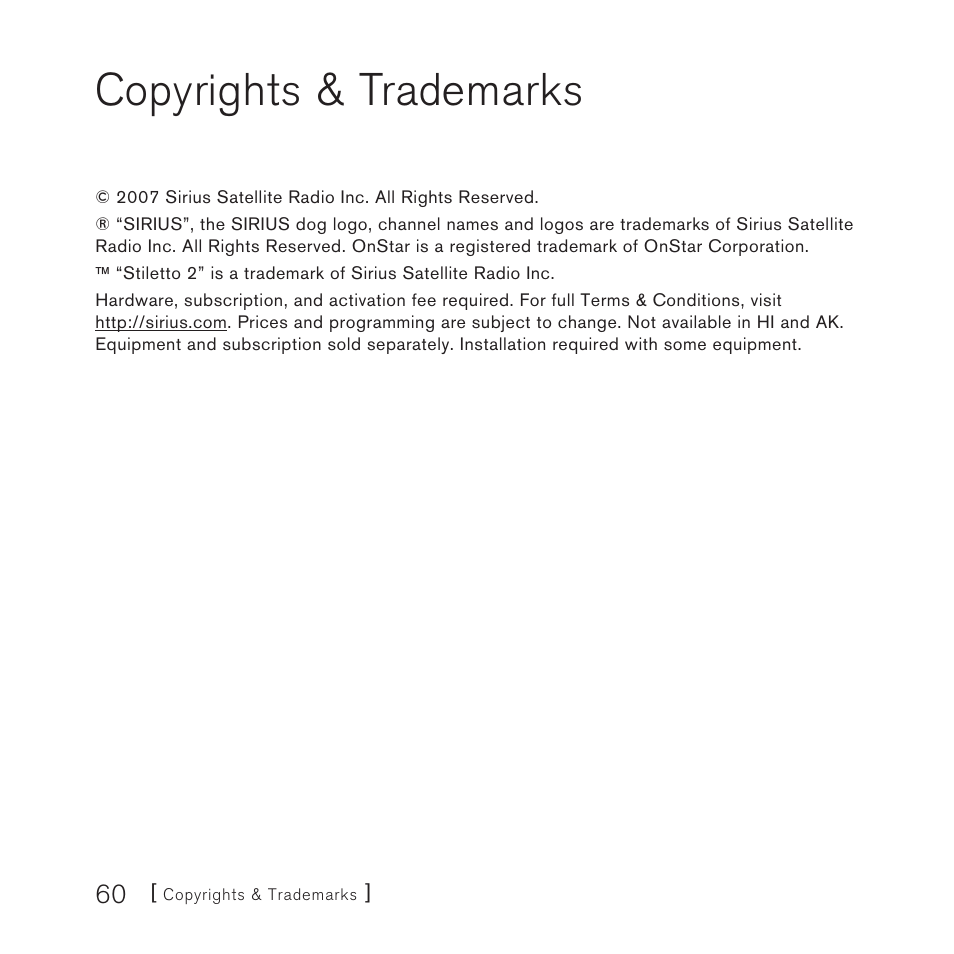 Copyrights & trademarks | Panasonic SIRIUS STILETTO 2 User Manual | Page 59 / 63