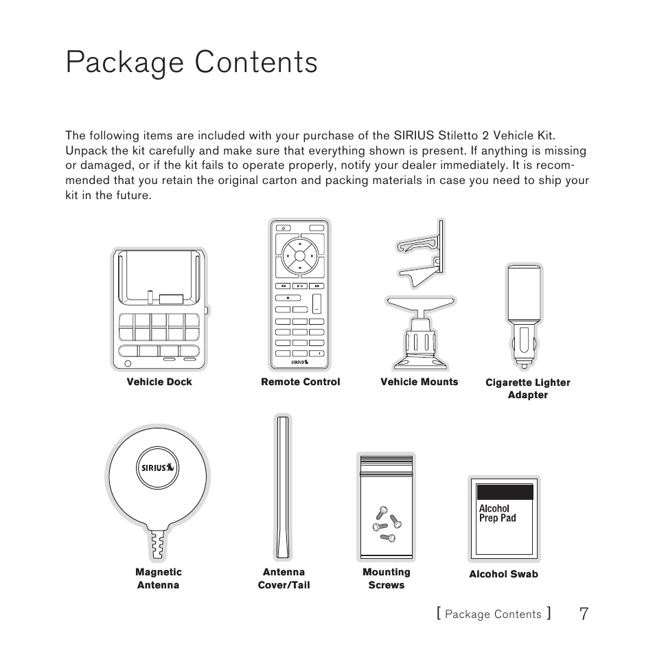 Package contents | Panasonic SIRIUS STILETTO 2 User Manual | Page 6 / 63