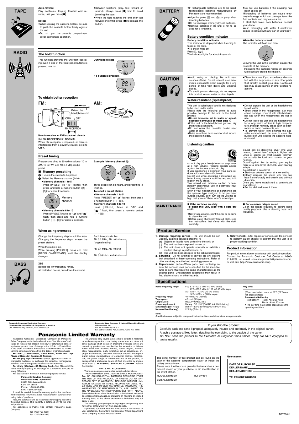 Panasonic limited warranty, Tape radio bass, Caution battery specifications | Product service, Maintenance | Panasonic RQ-SW48V User Manual | Page 2 / 2