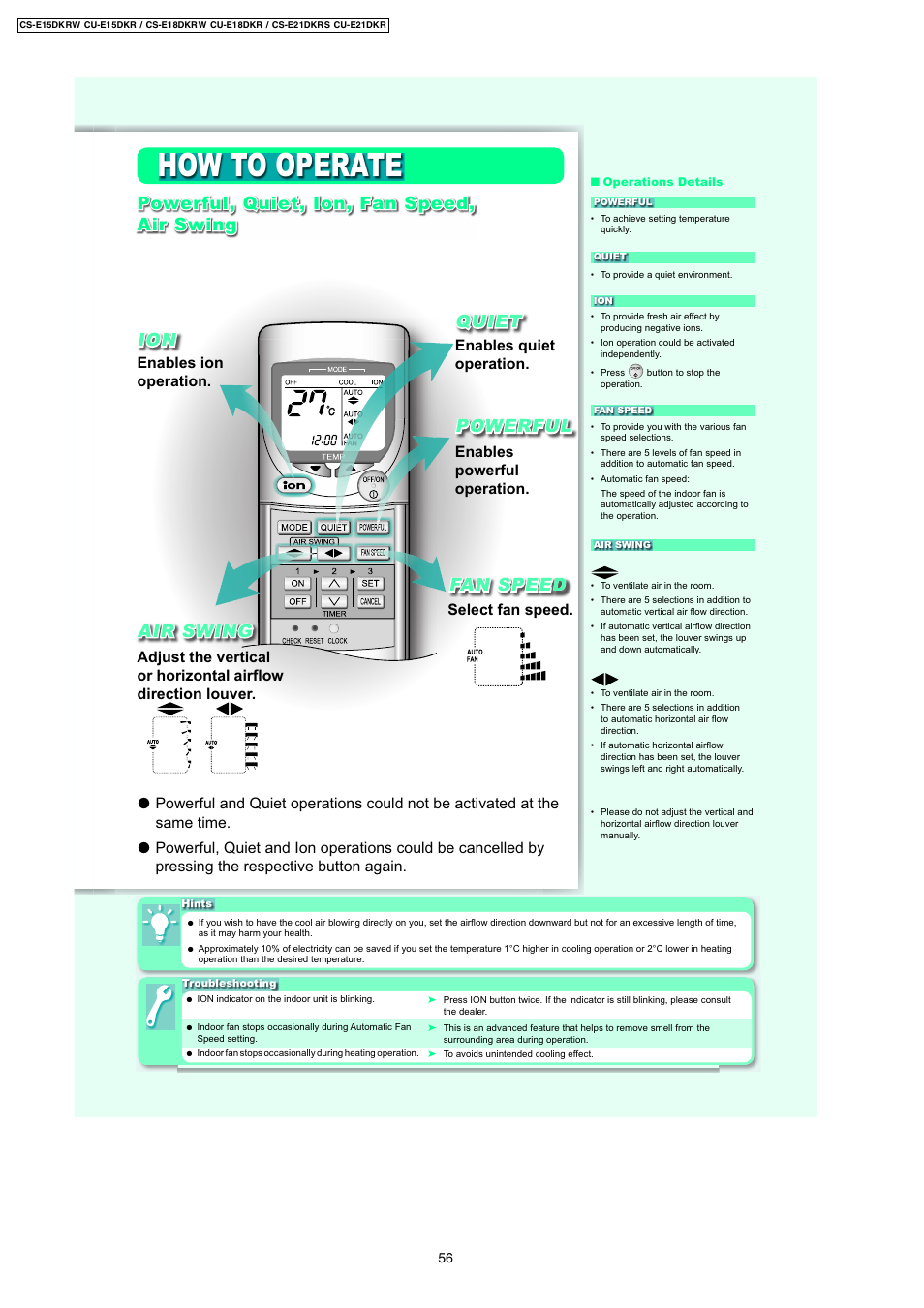 How to operate, Dfan speed air swing, Quiet | Enables powerful operation. enables ion operation, Select fan speed, Enables quiet operation | Panasonic CS-E18DKRW User Manual | Page 10 / 12