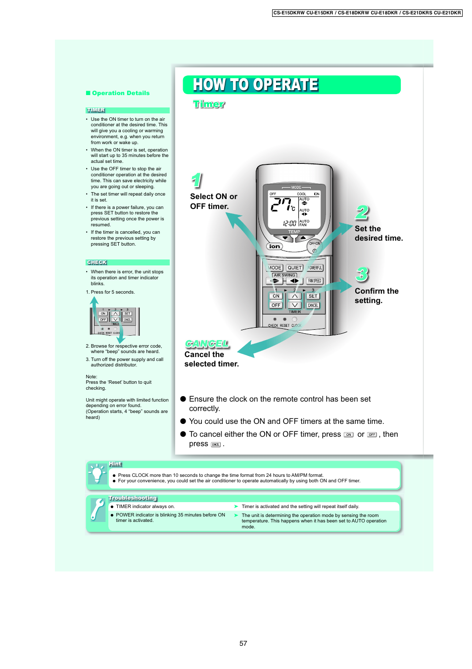 How to operate, Timer cancel | Panasonic CS-E18DKRW User Manual | Page 11 / 12